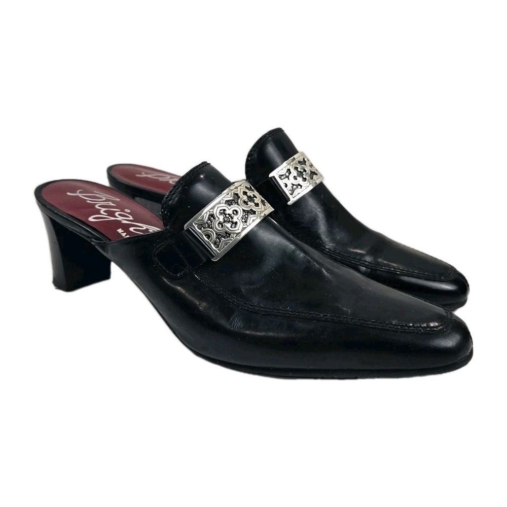 Vtg Brighton Tour Mule Slip On‎ Heeled Shoes w Silver Accent Italy Black Size 9M